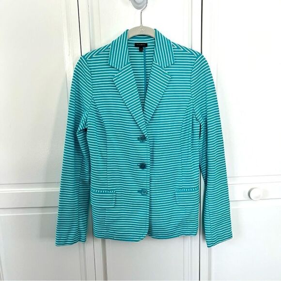Talbot's Cotton Blend Women's Spring Blazer Teal and White Horizontal Pinstripes - Picture 1 of 7
